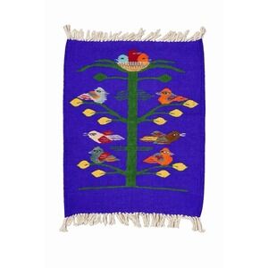 Handwoven Mexican Tree of Life Textile Rug Wall Hanging Birds Folk Art 16x20
